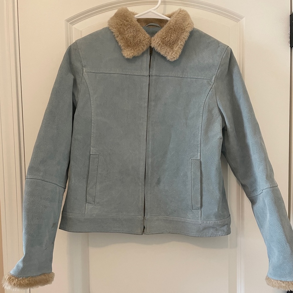 Aqua suede jacket with faux fur detail